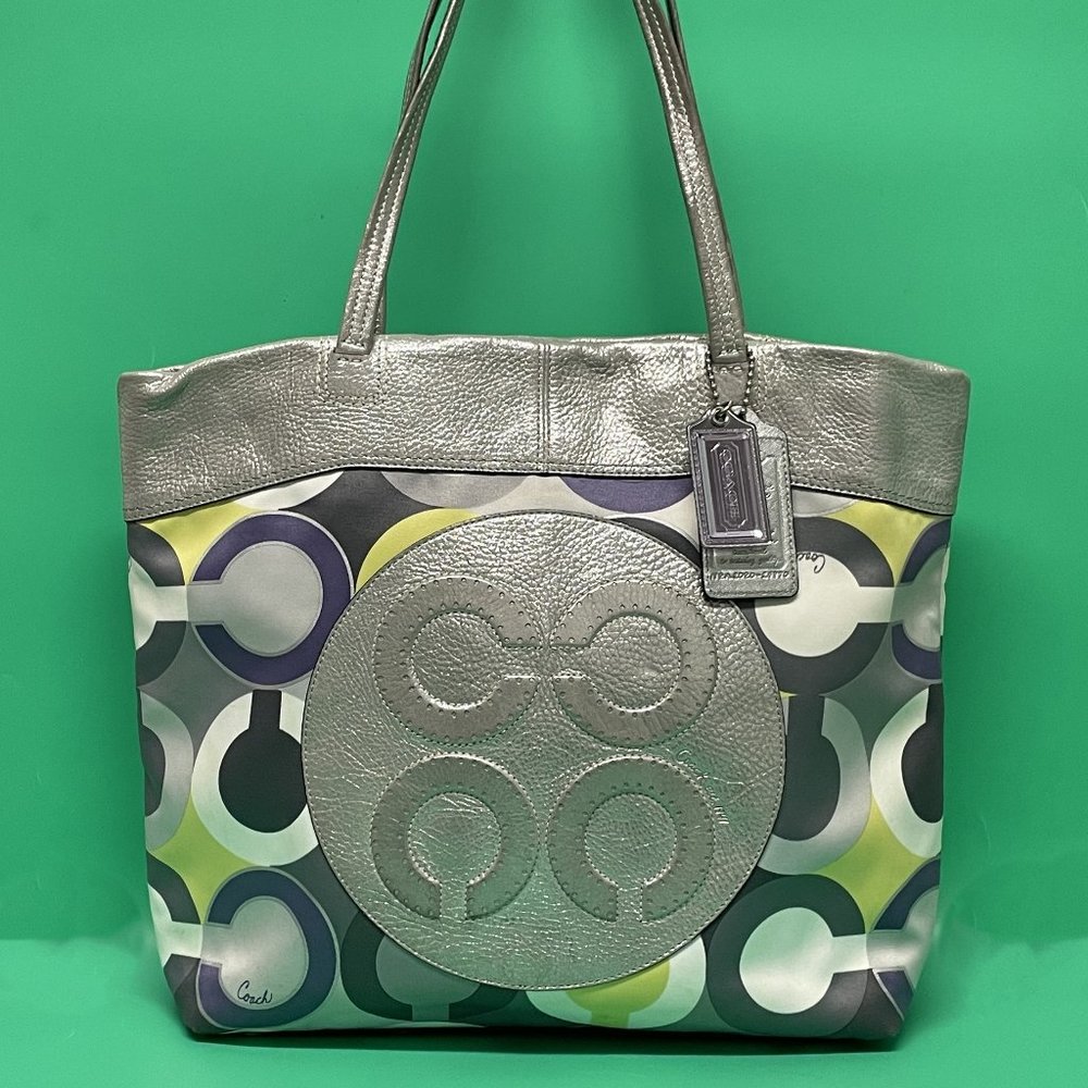 **SOLD** COACH Tote Bag Purple Yellow Nylon 14970 Leather Logo Circle **EUC**